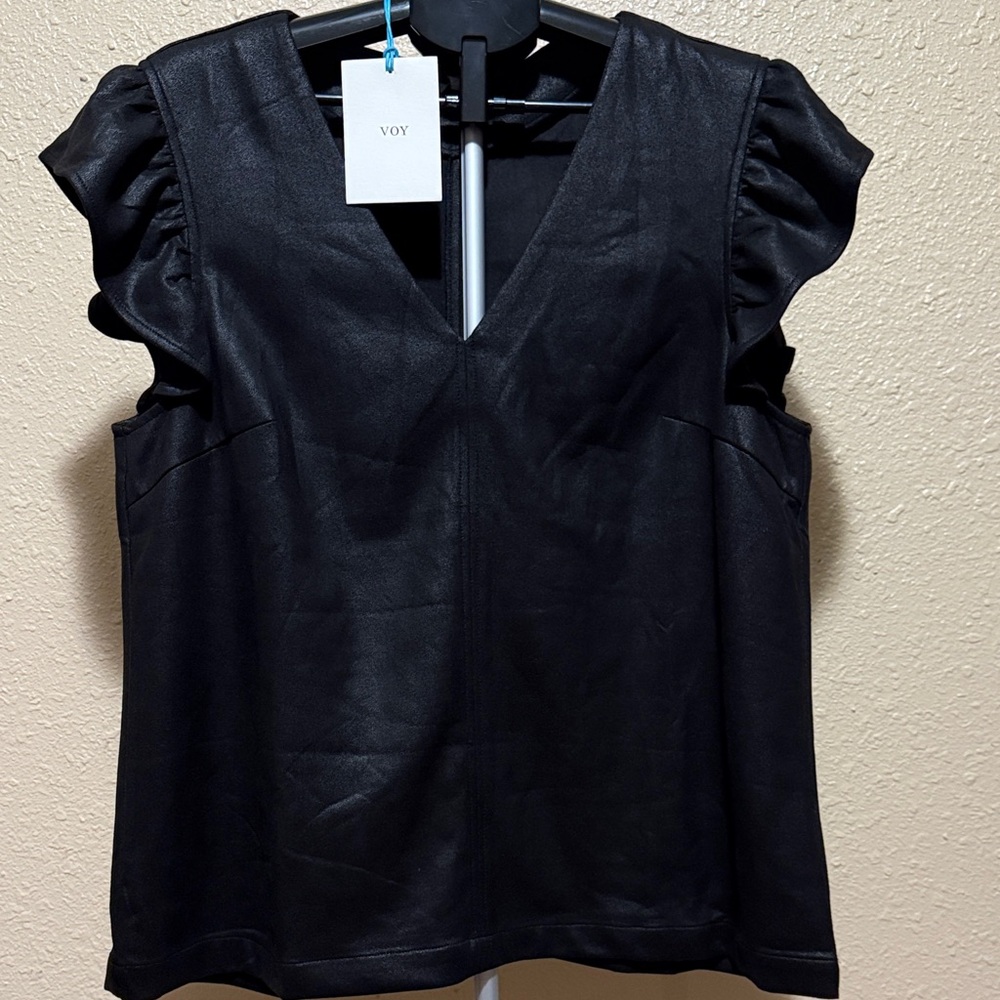 Black flutter sleeve V-neck Women's Top by VOY size 1X